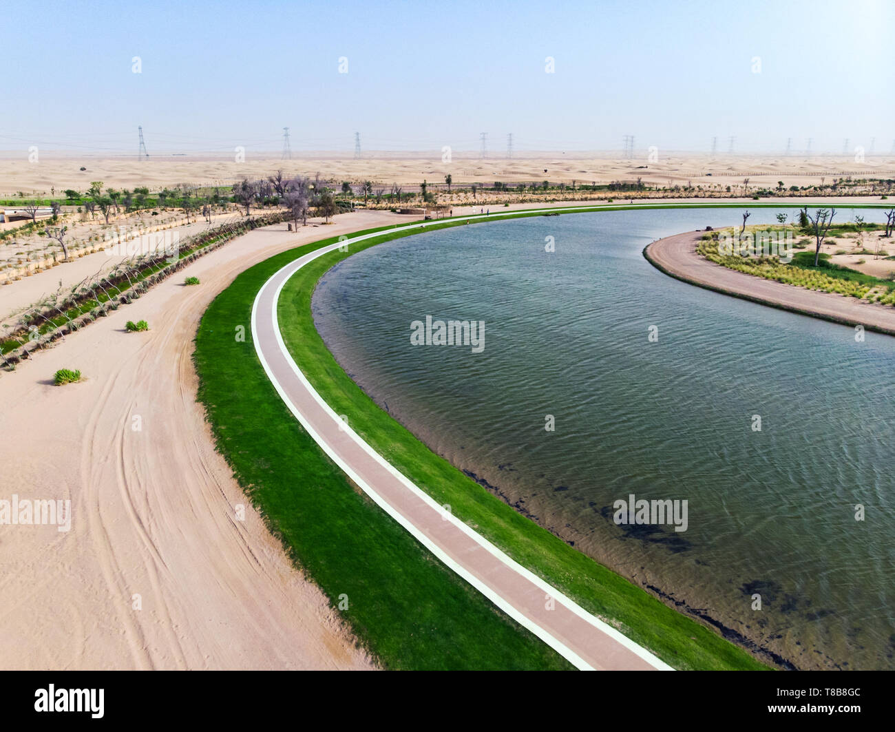 Heart shape Love lake in the Dubai desert aerial view Stock Photo