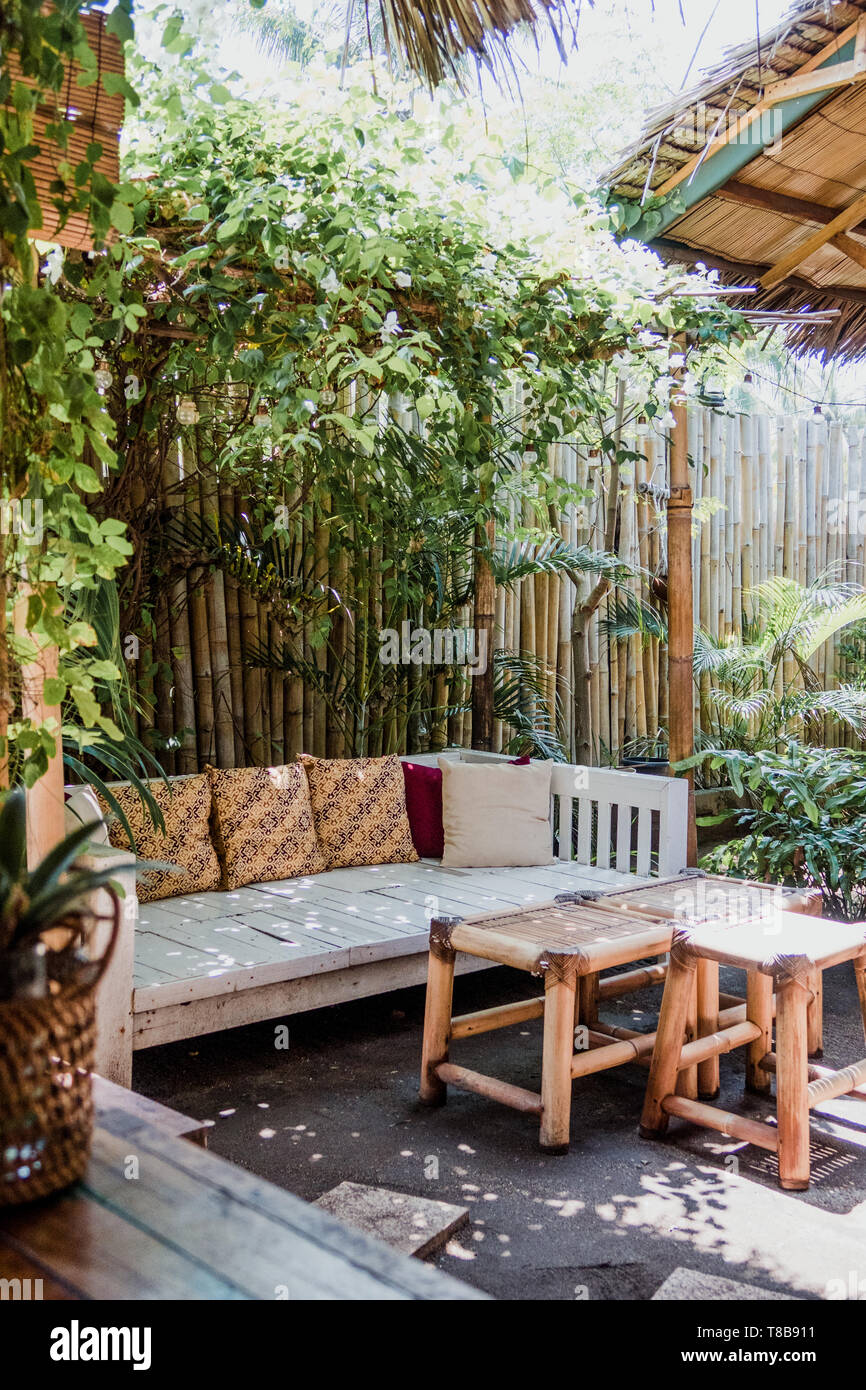 Garden interior of Pituq Waroeng, Vegan restaurant on Gili Trawangan, Lombok, Indonesia Stock Photo