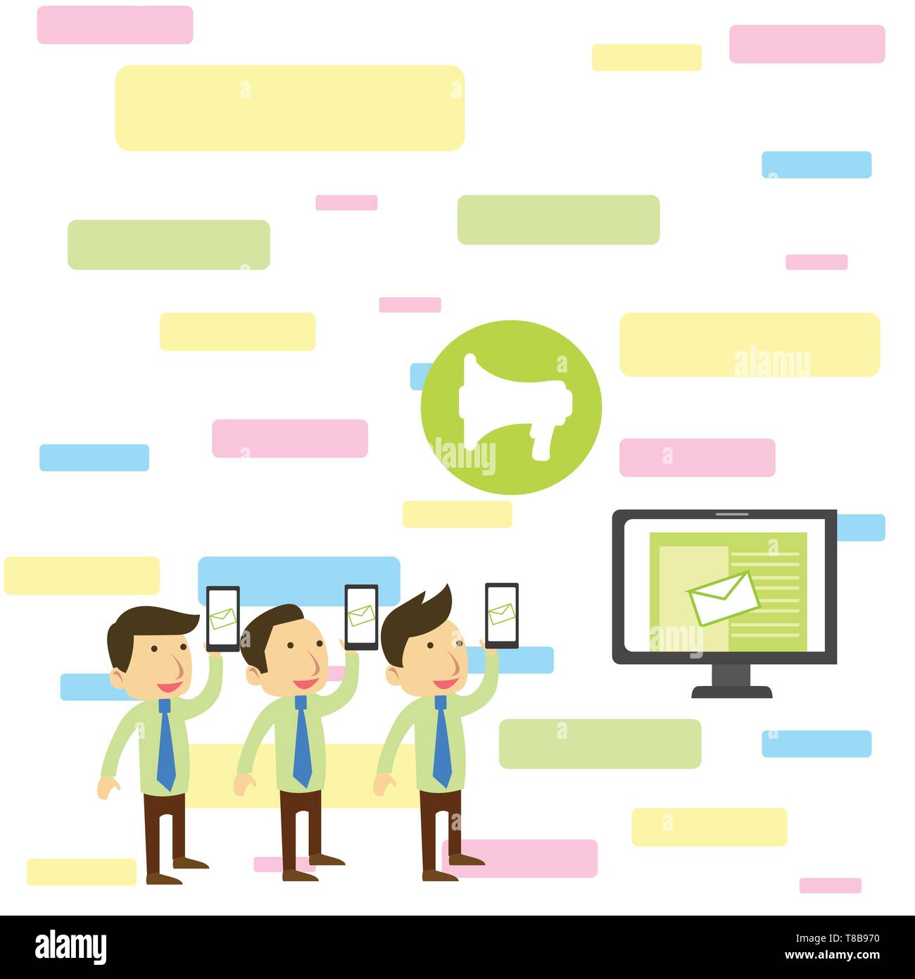 SMS Email Marketing Media Audience Attraction Personal Computer Loudspeaker Design business concept Empty copy text for Web banners promotional materi Stock Vector