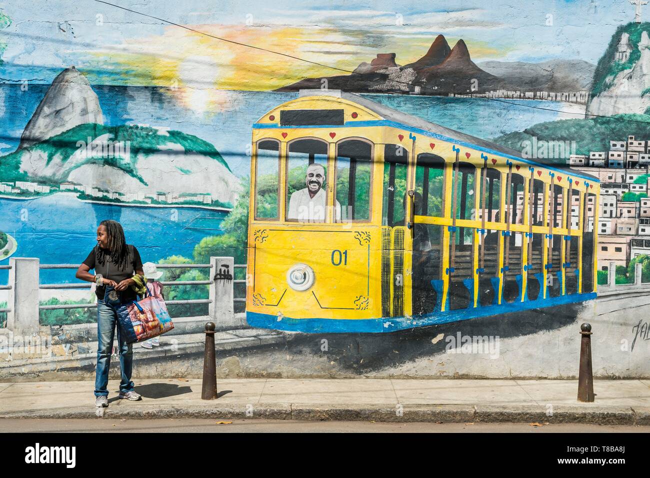 Brazil, Southeast region, Rio de Janeiro, city classified World Heritage of UNESCO, Santa Teresa district, mural Stock Photo
