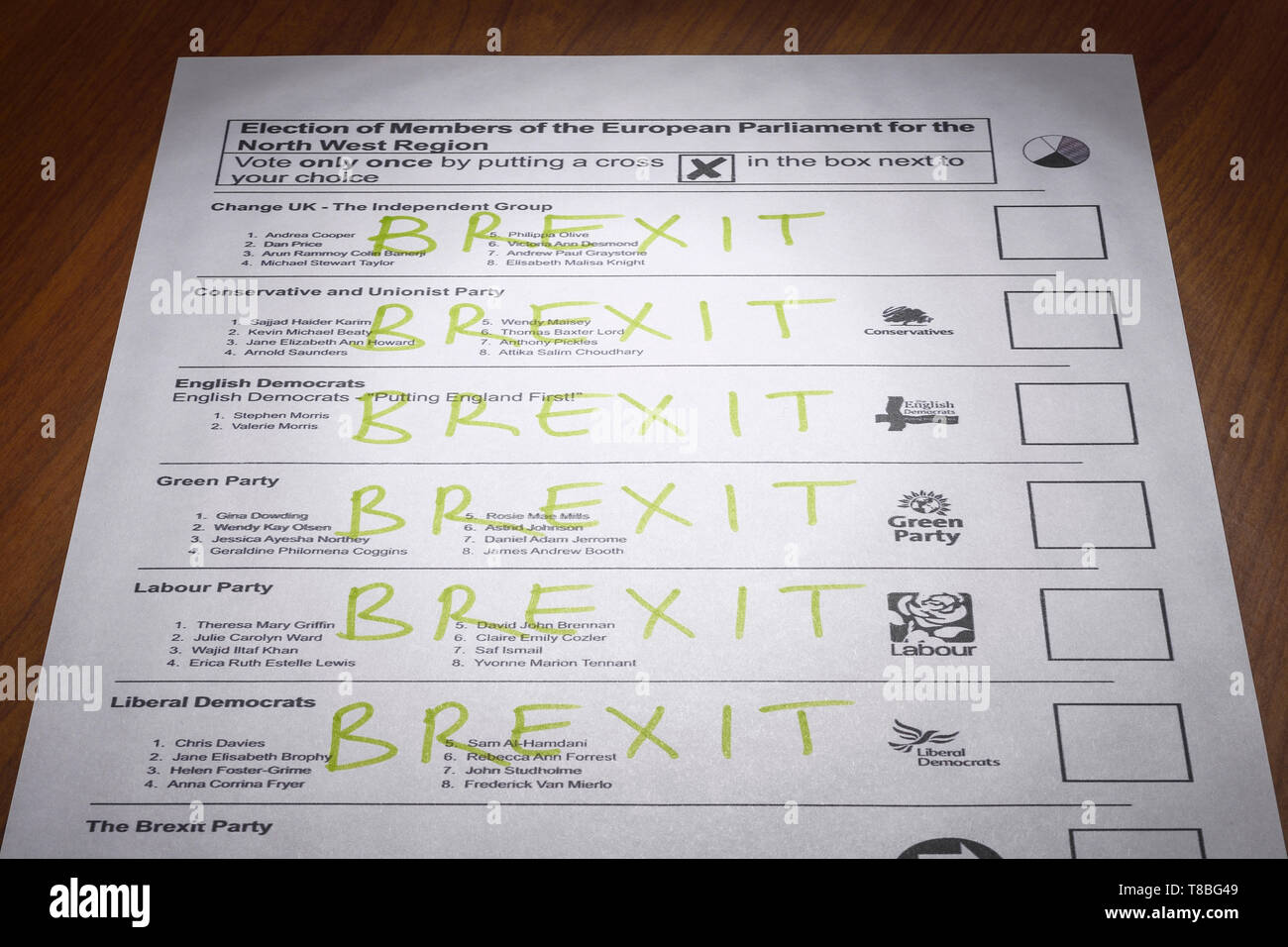 A spoiled ballot paper for the May 2019 MEP European elections Stock Photo