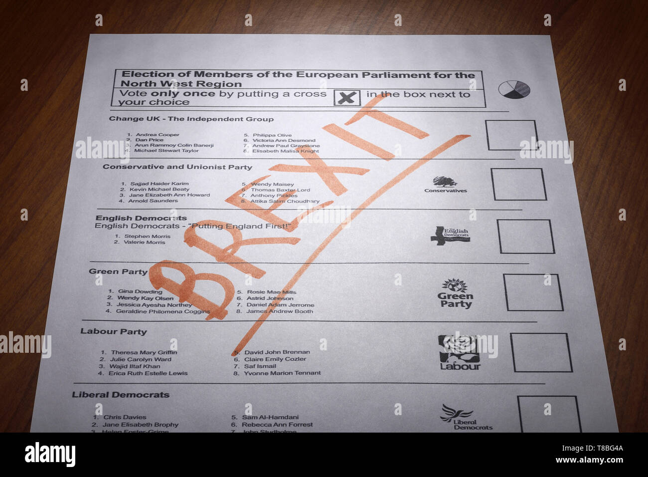 A spoiled ballot paper for the May 2019 MEP European elections Stock Photo