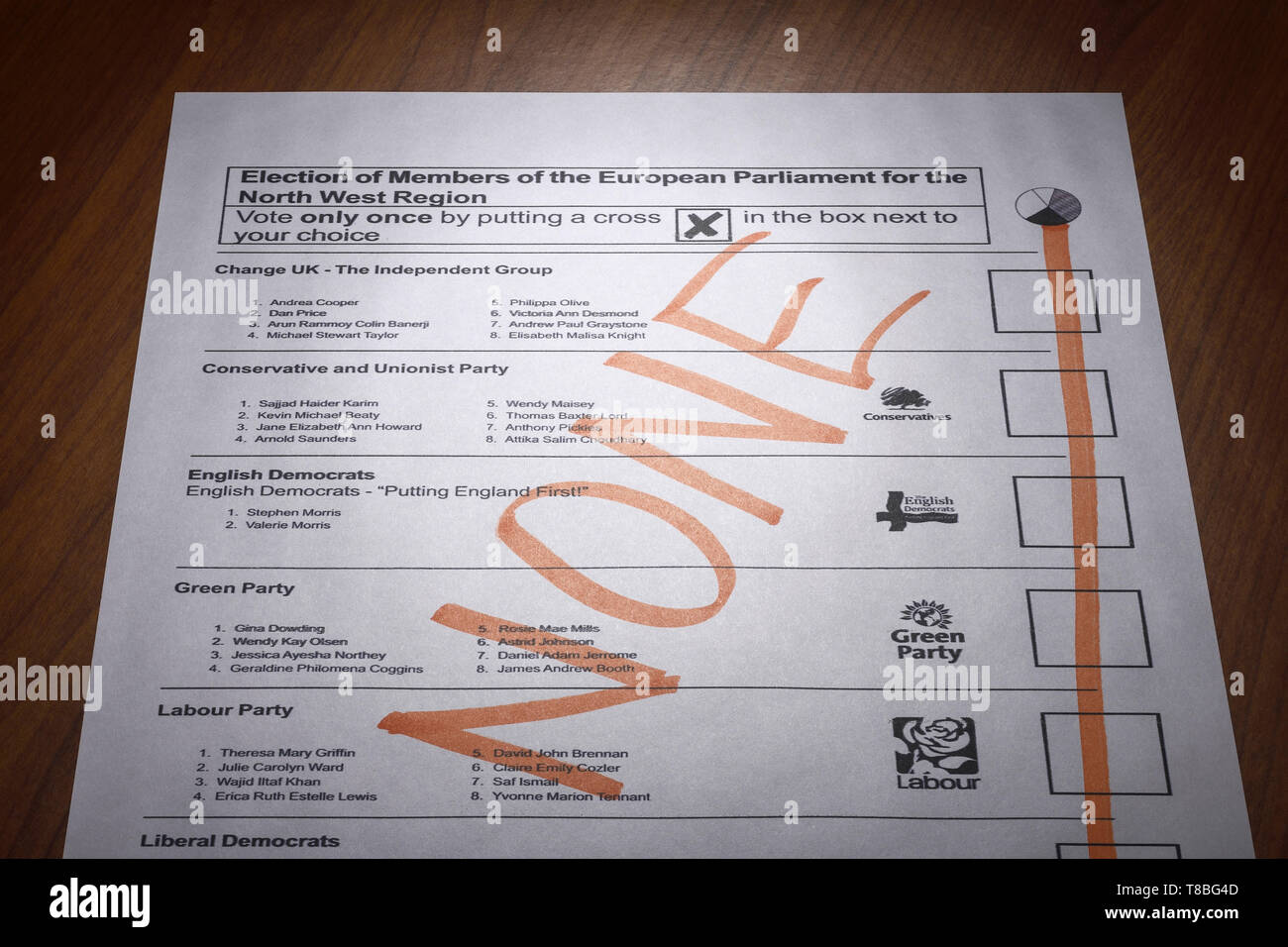 A spoiled ballot paper for the May 2019 MEP European elections Stock Photo