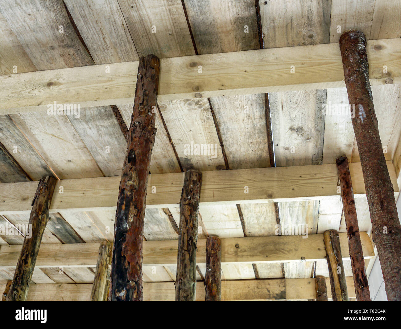 Wooden shuttering supported by props set up for casting concrete slab Stock Photo