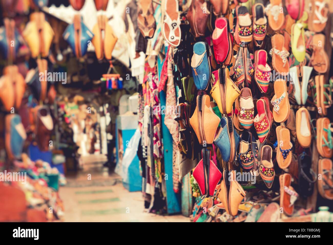 Colorful souvenirs for sale on the street in a shop in Morocco. Stock Photo