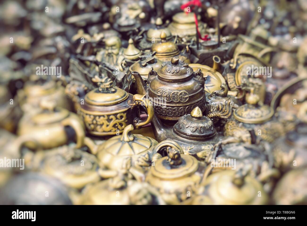 Colorful souvenirs for sale on the street in a shop in Morocco. Stock Photo