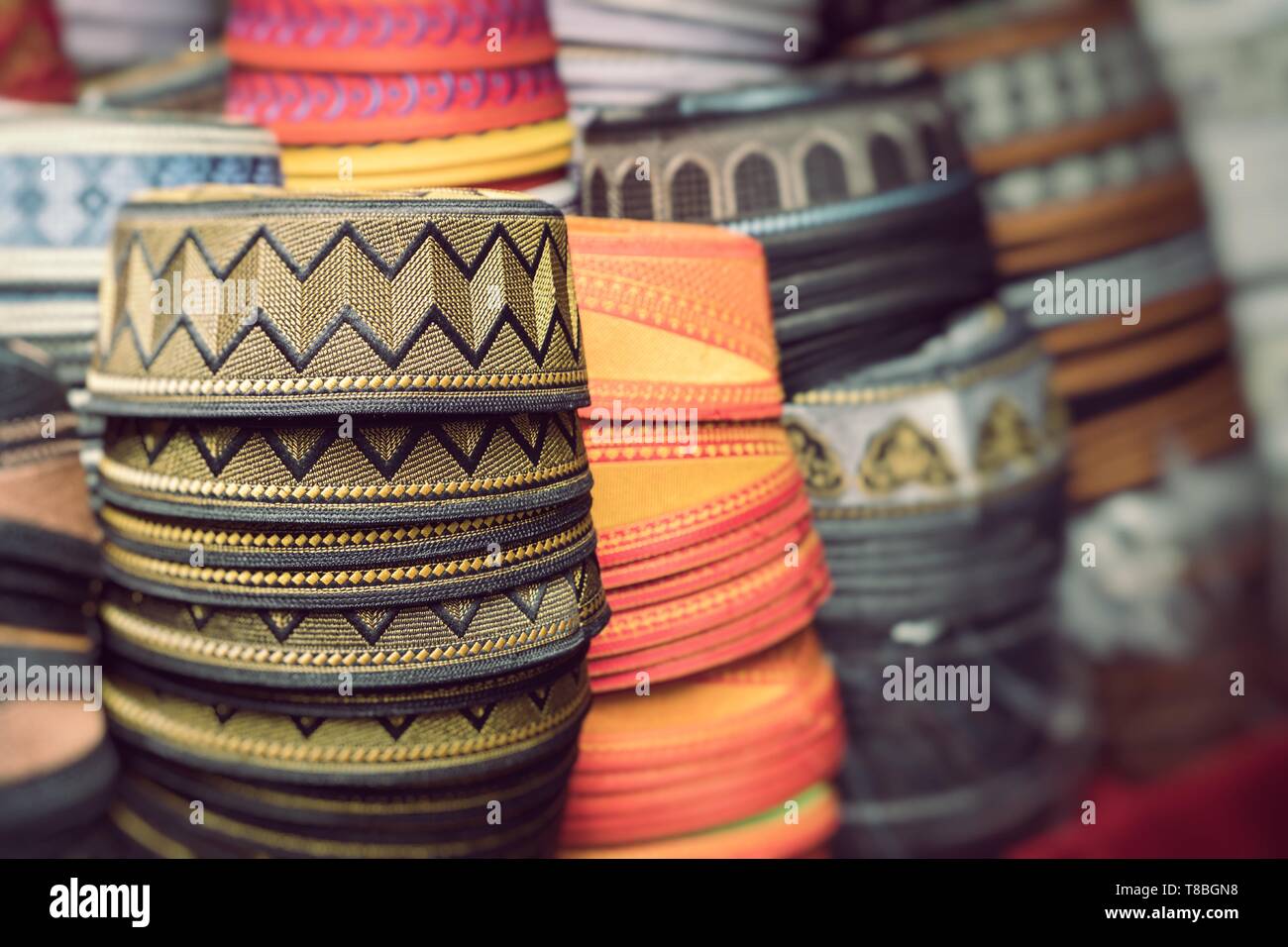 Colorful souvenirs for sale on the street in a shop in Morocco. Stock Photo