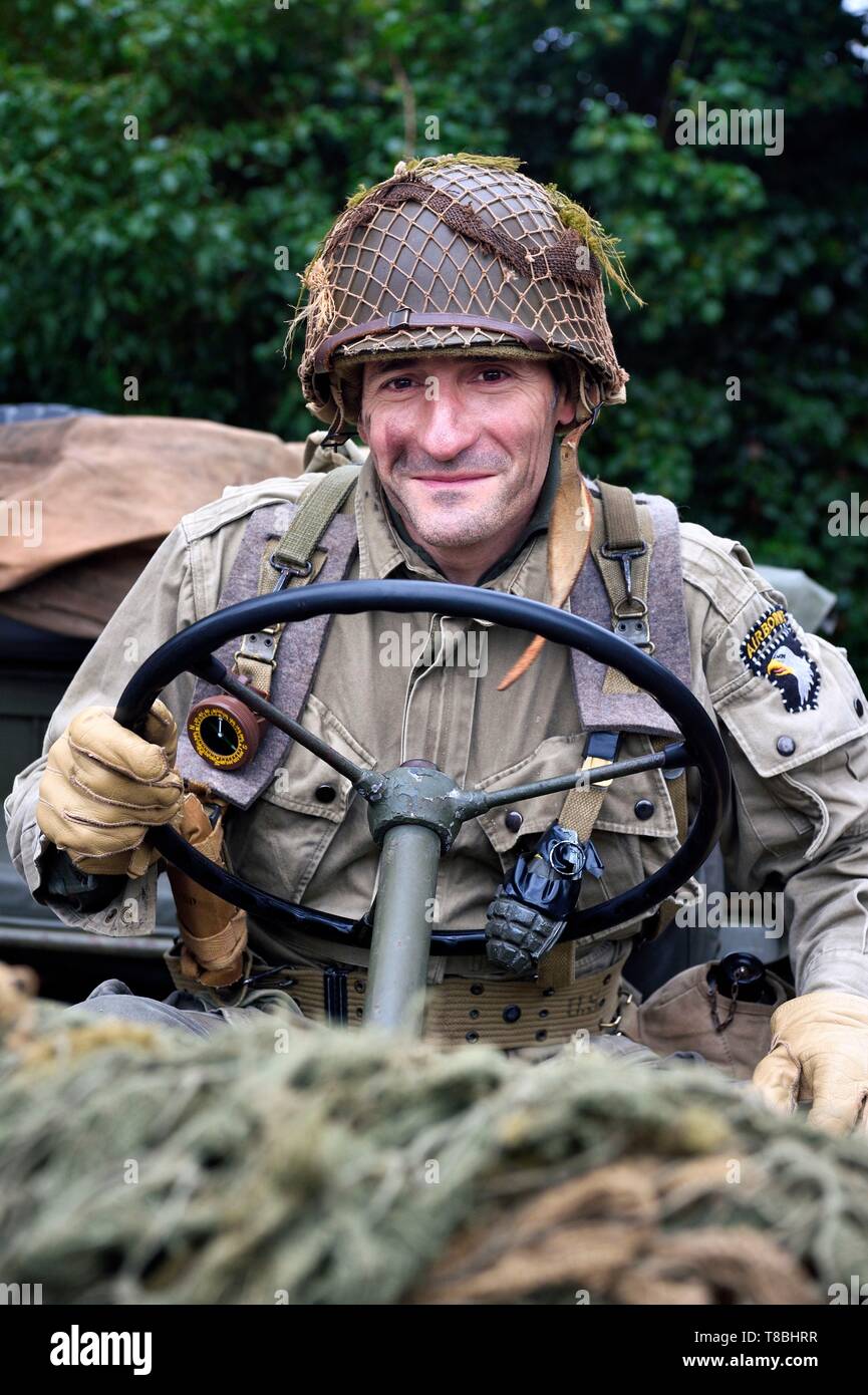 France, Eure, Chambray, Allied Reconstitution Group (US World War 2 and french Maquis historical reconstruction Association), reenactor Xavier Boucher in uniform of the 101st US Airborne Division Stock Photo