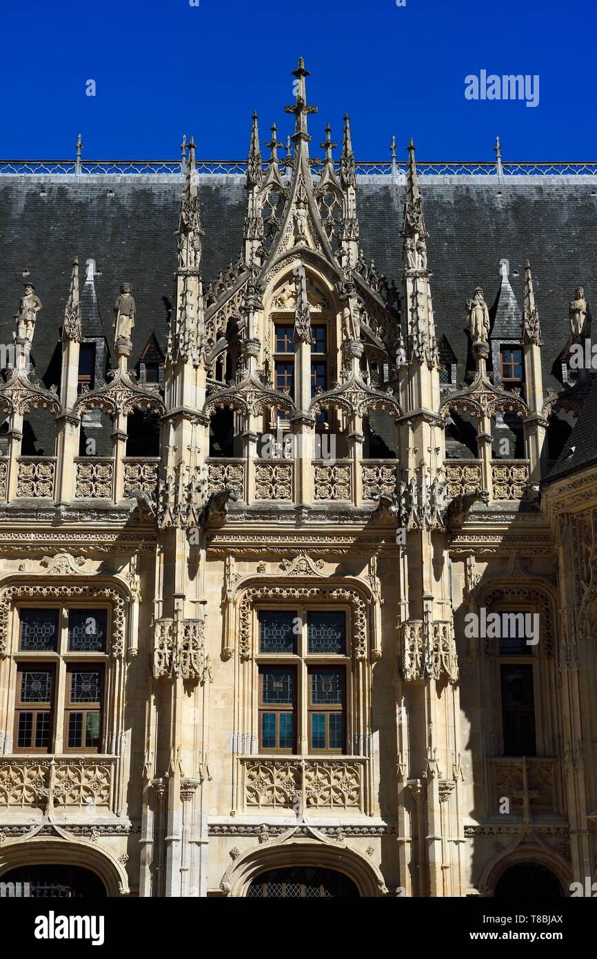 France, Seine Maritime, Rouen, the Palais de Justice (Courthouse) which was once the seat of the Parlement (French court of law) of Normandy and a rather unique achievements of Gothic civil architecture from the late Middle Ages in France, facade of the court Stock Photo