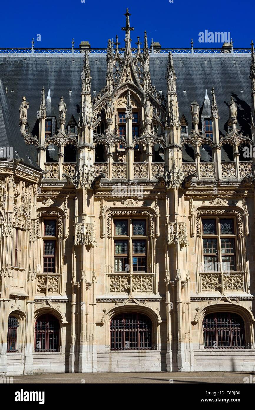 France, Seine Maritime, Rouen, the Palais de Justice (Courthouse) which was once the seat of the Parlement (French court of law) of Normandy and a rather unique achievements of Gothic civil architecture from the late Middle Ages in France, facade of the court Stock Photo