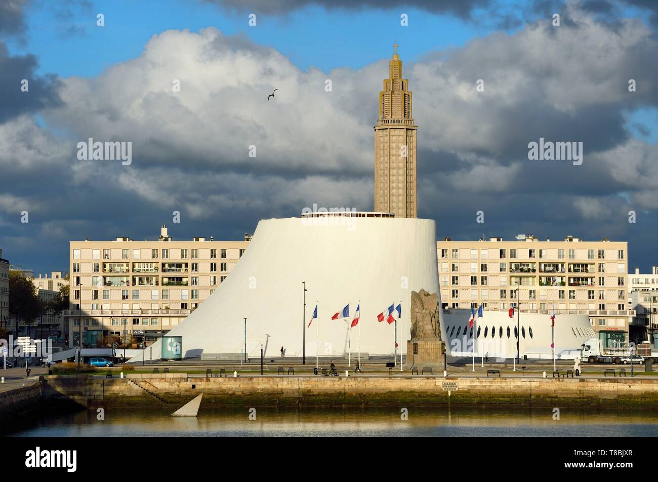 France, Seine Maritime, Le Havre, Downtown rebuilt by Auguste Perret listed as World Heritage by UNESCO, Perret buildings around the Bassin du Commerce, the Volcan created by Oscar Niemeyer and the Lantern tower of Saint Joseph church Stock Photo