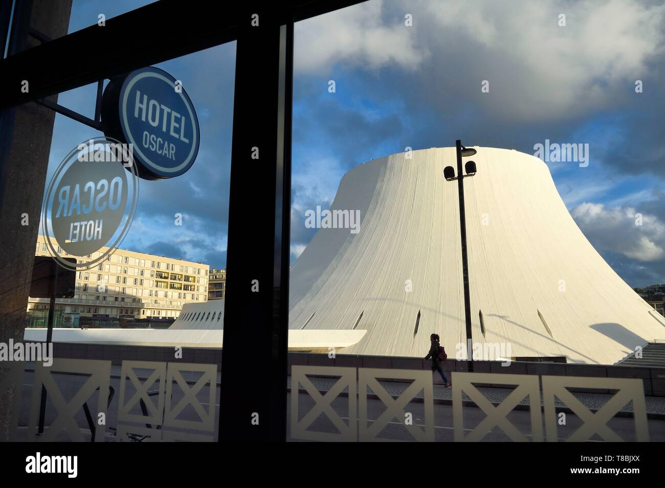 France, Seine Maritime, Le Havre, Downtown rebuilt by Auguste Perret listed as World Heritage by UNESCO, the cultural center called Volcano created by Oscar Niemeyer seen from Oscar Hotel Stock Photo