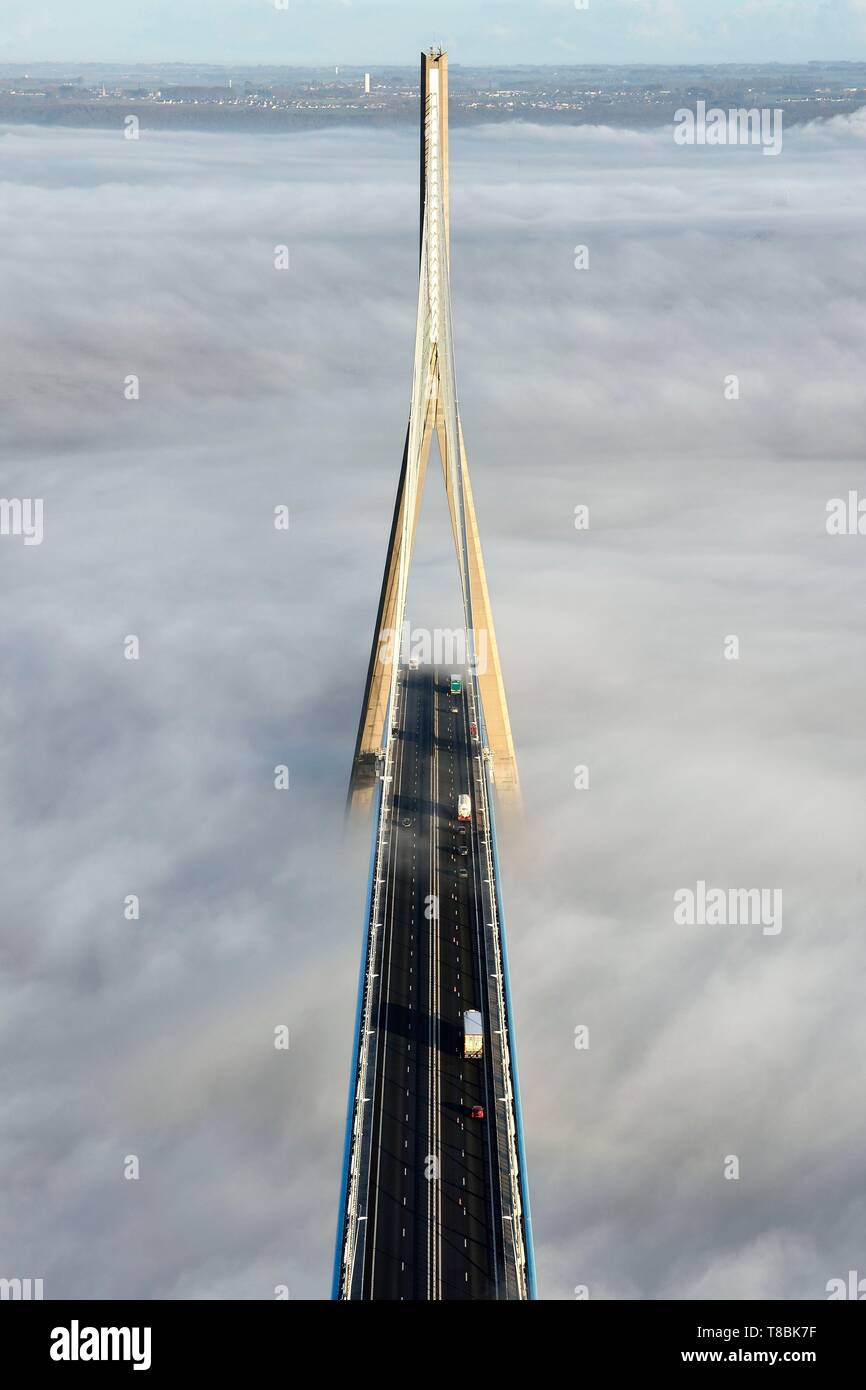 France, between Calvados and Seine Maritime, the Pont de Normandie (Normandy Bridge) that emerges from the morning mist of autumn and spans the Seine, view from the top of the south pylon Stock Photo