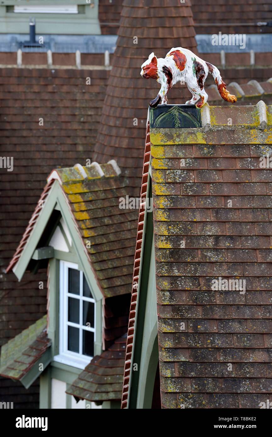France, Calvados, Pays d'Auge, Deauville, Normandy Barriere Hotel, finial (hip-knob) representing a cat, typical on the rooftops of the Pays d'Auge Stock Photo