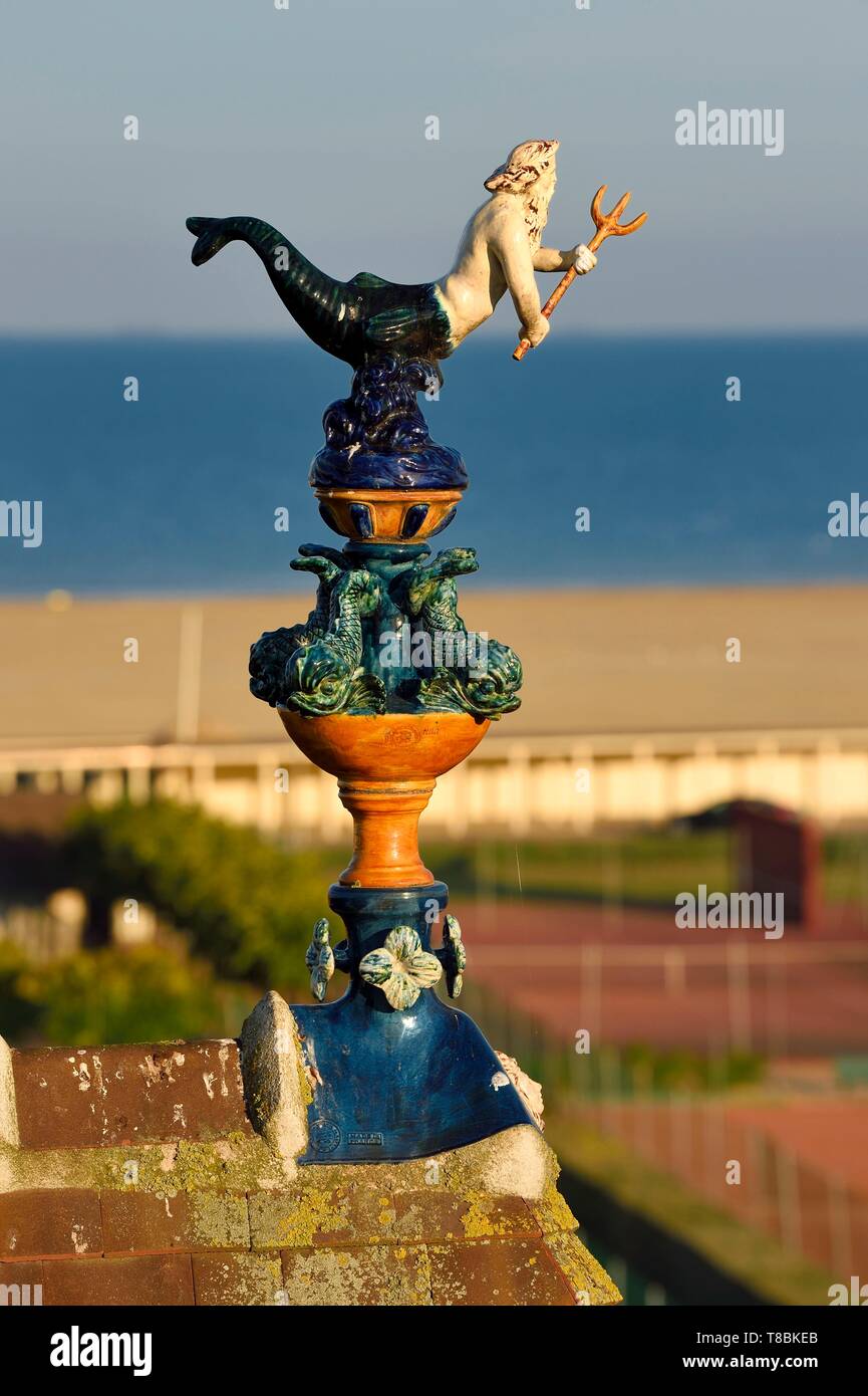 France, Calvados, Pays d'Auge, Deauville, Normandy Barriere Hotel, finial (hip-knob) representing Poseidon, typical on the rooftops of the Pays d'Auge Stock Photo