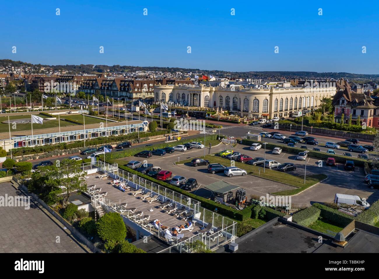 France, Calvados, Pays d'Auge, Deauville, the Casino Barriere de Deauville and the Thalassotherapy center in the foreground Stock Photo