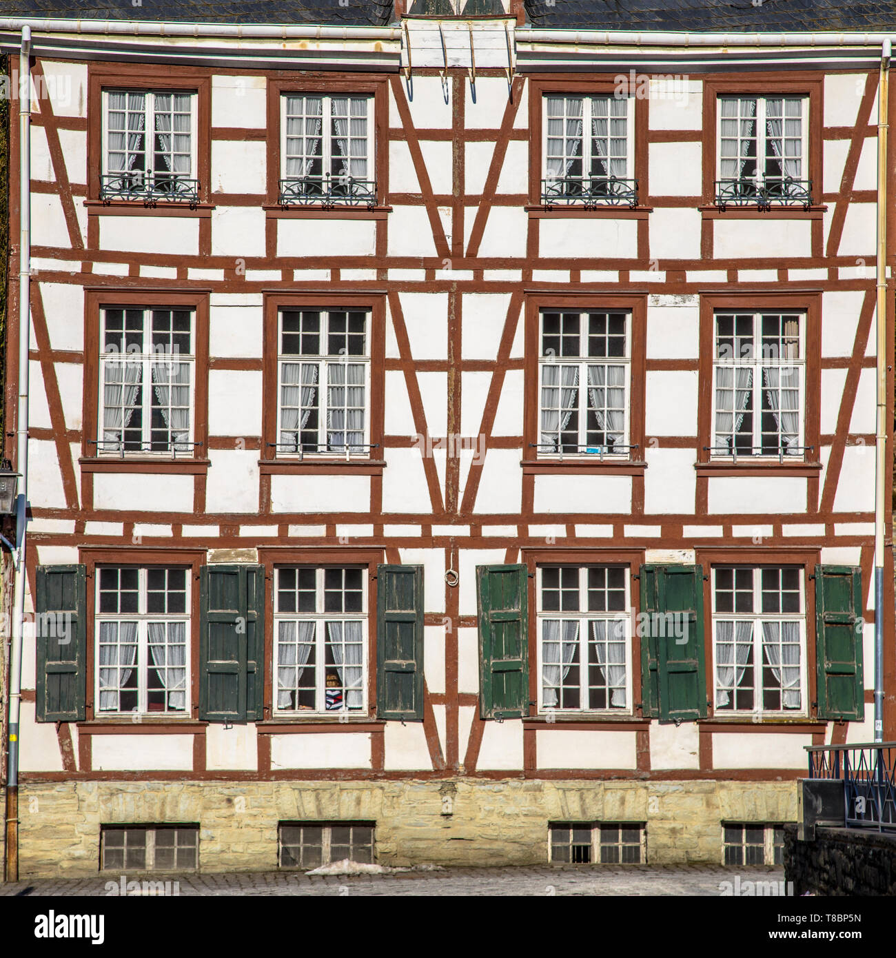 Large Facade of Fachwerk house in Monschau, Eifel Germany Stock Photo