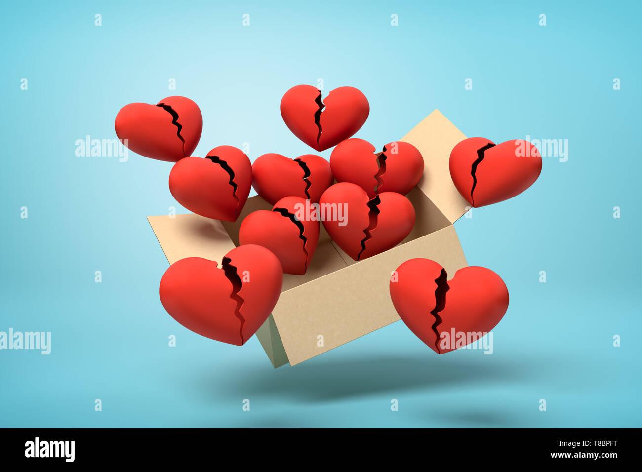 3d rendering of red broken hearts in carton box on blue background Stock Photo