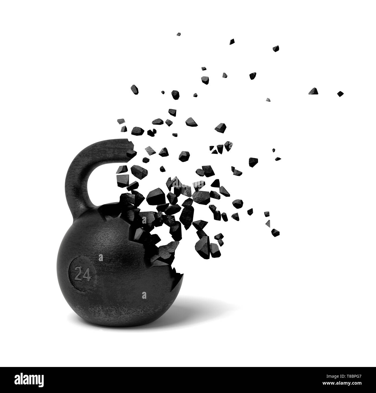 3d rendering of black kettlebell starting to disslove into pieces on white background. Stock Photo