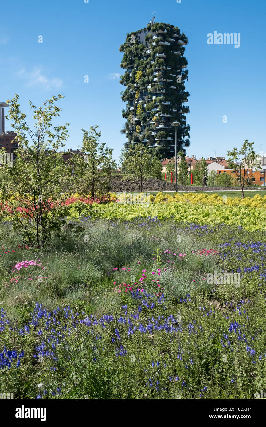 Bosco Verticale (Vertical Forest) are residential towers in Porta Nuova district, Milan, Italy, with hundreds of trees and plants grown on them. Stock Photo