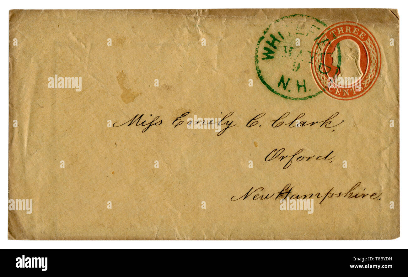 Whitefield, New Hampshire, The USA  - 9 May 1856: US historical envelope: cover with red embossed imprinted stamp, three cents George Washington Stock Photo