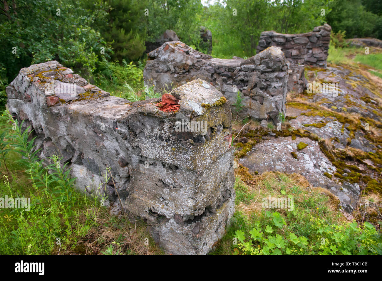Old foundation of the destroyed building on the stone coast of the White Sea in the vicinity of the village Rabocheostrovsk, Popov Island, Kemsky Dist Stock Photo