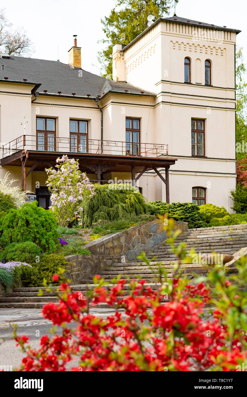 Opava, Novy Dvur, Czech Republic - 24 April 2019 - Botanical garden in spring, blooming flowers, nice walkway and huge trees. Stock Photo
