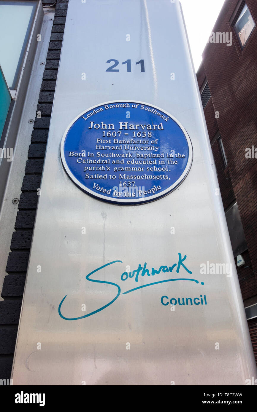 Blue plaque to John Harvard, outside John Harvard Library on Borough High Street, Southwark, London, UK Stock Photo