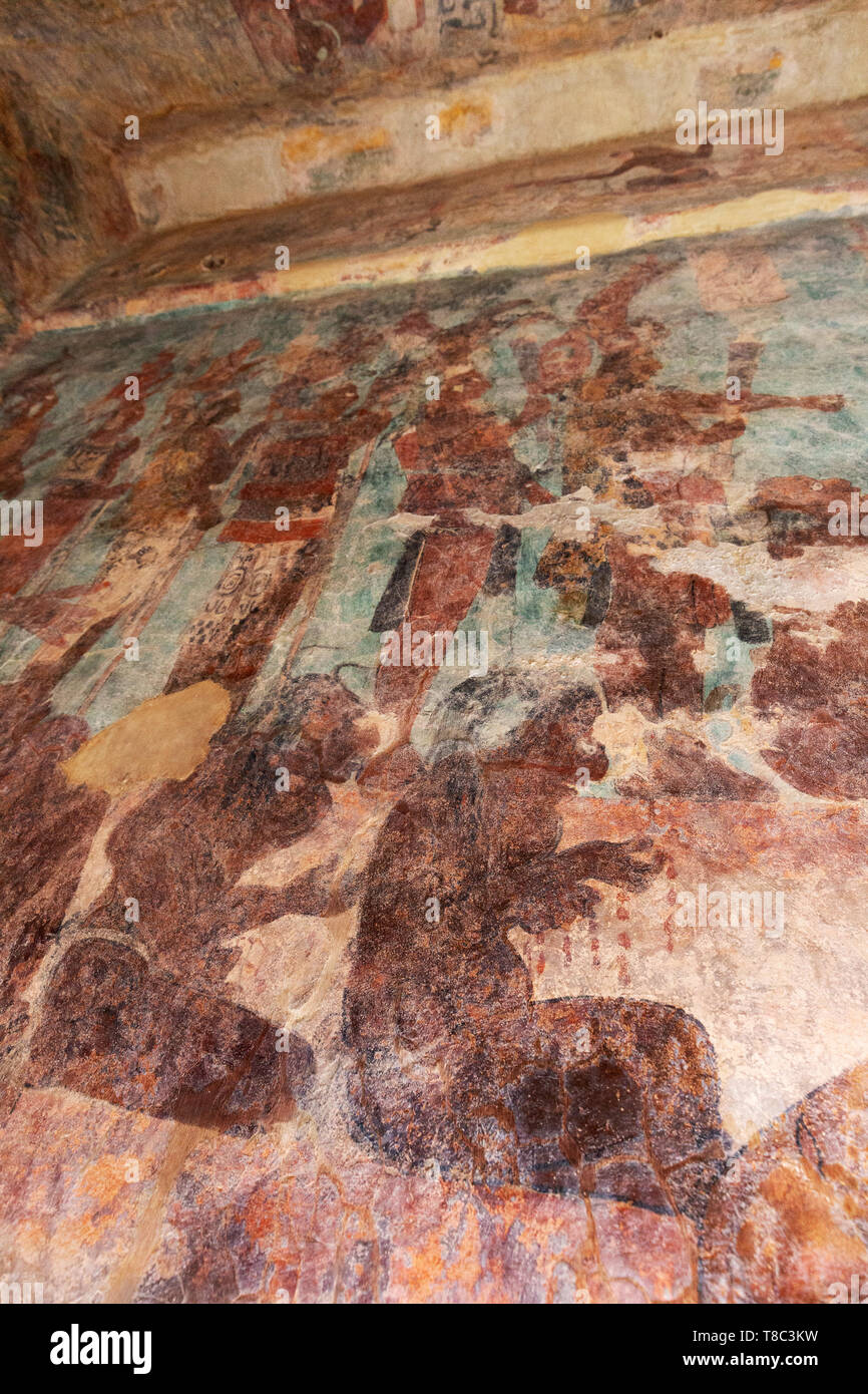 Mayan Murals - maya paintings in the Temple of Murals Room 2, showing a battle and prisoners of war; Bonampak mayan site, Yucatan, Mexico Stock Photo