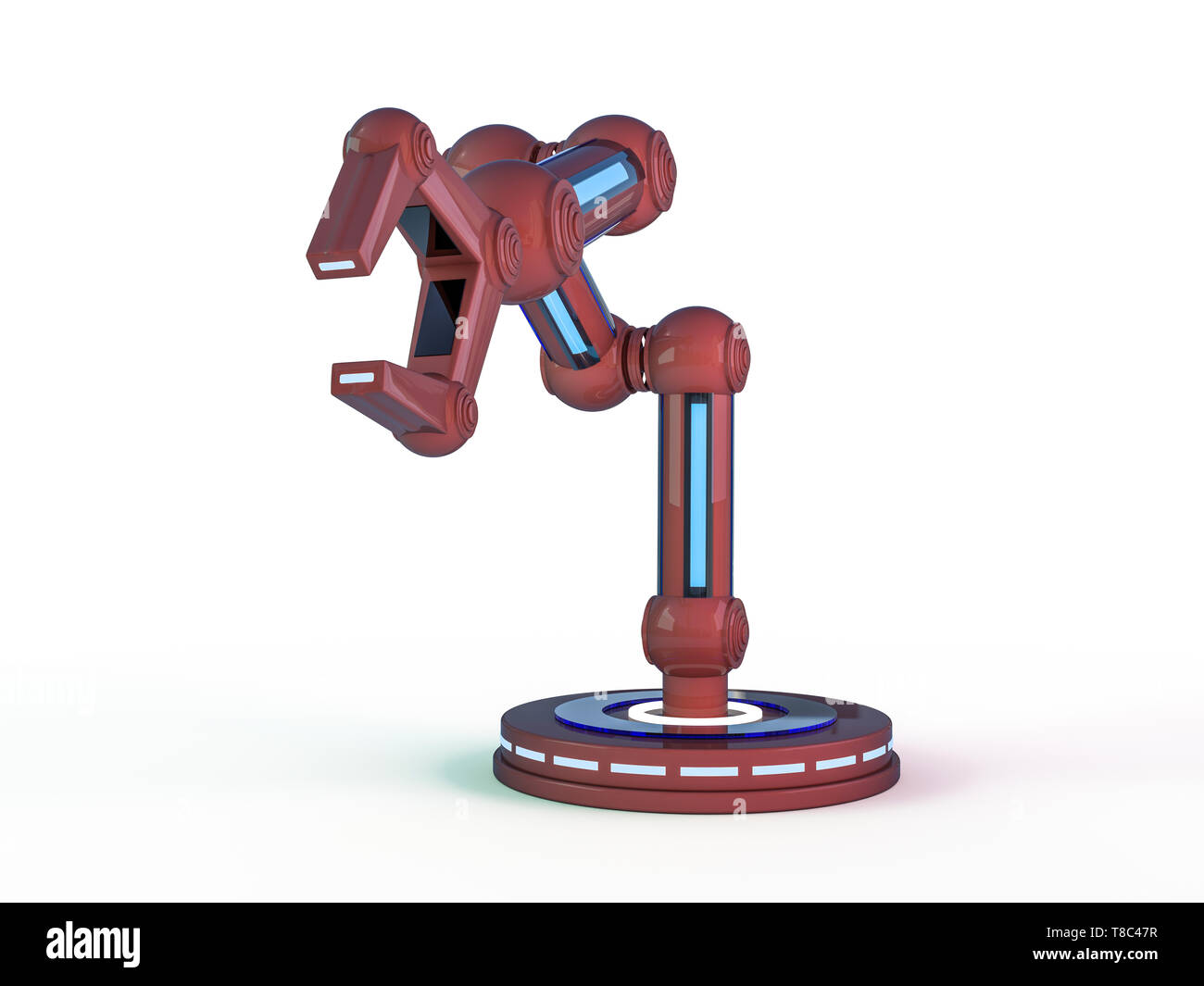 Plastic model of industrial red robotics arm Robot manipulator. 3D rendering Stock Photo