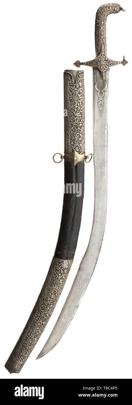A nickel-silver mounted kilij, Ottoman/Greek, circa 1820 With typical T-shaped reinforcement at the back of the blade and broadened, double-edged point. On both sides of the base of the blade silver-inlaid arabesques with hexagram on the obverse. Nickel silver grip with flowers in relief and lateral eyelets for the (missing) chain. Wooden (replaced) leather-covered scabbard with nickel silver fittings decorated en suite in repoussé, old, non-corresponding brass suspension bar. Scabbard slightly shrivelled, sabre does not fit entirely into the sca, Additional-Rights-Clearance-Info-Not-Available Stock Photo