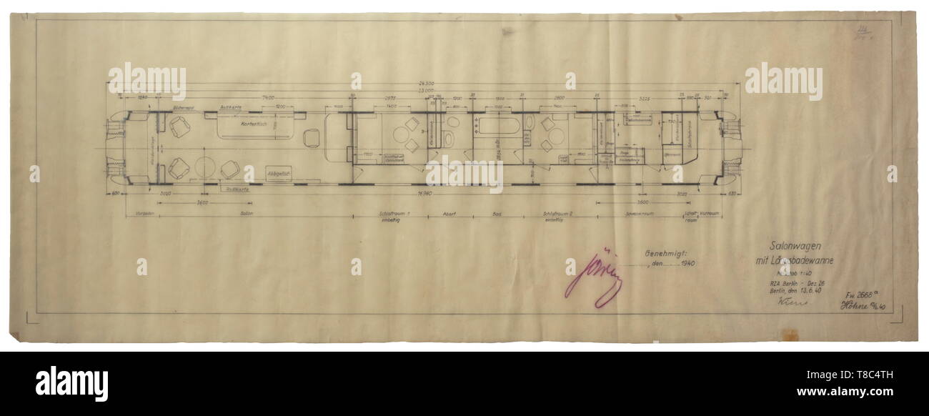 Hermann Göring - 'salon car with lateral bathtub' A sketch approved by Göring for the salon car of his special train in the scale 1:40 dated 13 June 40 and with pencil signature of Oberreichsbahnrat Günther Wiens from the German Rail Central Office (Reichsbahn-Zentralamt, RZA). Göring's signature in red indelible pencil. Detailed view from above on transparent paper with all size specifica 20th century, Editorial-Use-Only Stock Photo