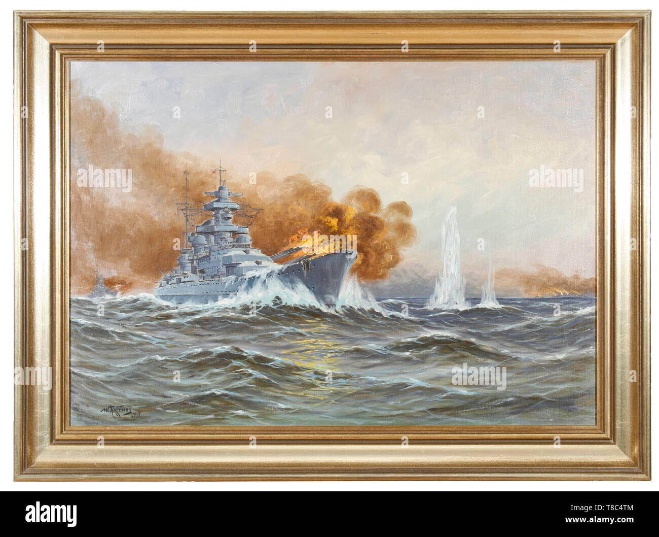 An oil painting of Battleship Scharnhorst in combat Artist Wilhelm Hoffmann (1897 - 1986), oil on canvas, signed on the lower left and dated 1941. Size of picture circa 100 x 70 cm, size of frame circa 117 x 87 cm. Depiction of the battle from 8 June 1940 'Operation Juno', in which the battleships Scharnhorst and Gneisenau sank the British aircraft carrier 'HMS Glorious' and the two accompanying destroyers 'HMS Ardent and Acasta' near Harstad, North Norway. The Scharnhorst was put into service in 1939 and took part in several operations during the Second World War. The ship, Editorial-Use-Only Stock Photo