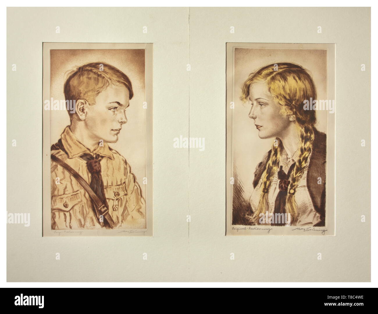 Max Brüning (1887 - 1968) - two etchings Portrait of a Hitler youth and a BDM girl. Either work hand-signed in pencil on the lower edge 'Orig.-Radierung' and 'Max Brüning'. Signs of age. Total size of sheets circa 33 x 52 cm each. Mounted. historic, historical, 20th century, 1930s, 1940s, fine arts, art, NS, National Socialism, Nazism, Third Reich, German Reich, Germany, National Socialist, Nazi, Nazi period, Editorial-Use-Only Stock Photo