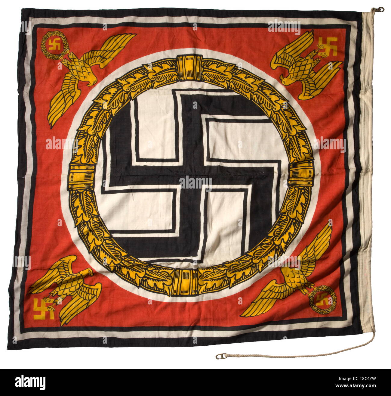 A Führer standard from the heavy cruiser 'Prinz Eugen' Colour-imprinted naval flag cloth, the left side lettered 'Stand. d. Führ. 1,5 x 1,5' with naval acceptance stamp. Colour-fresh, slightly stained, small moth traces. Included is the flag display decree for the 'Prinz Eugen' for the future memorial days of the Battle of Jutland (tr) 'In honour of those who were killed in action in the World War under the imperial and royal Austrian war flag, on 31 May this flag is set on the main topmast instead of the imperial war flag aboard the heavy cruiser 'Prinz EugenÂ´. Führer H 2, Editorial-Use-Only Stock Photo