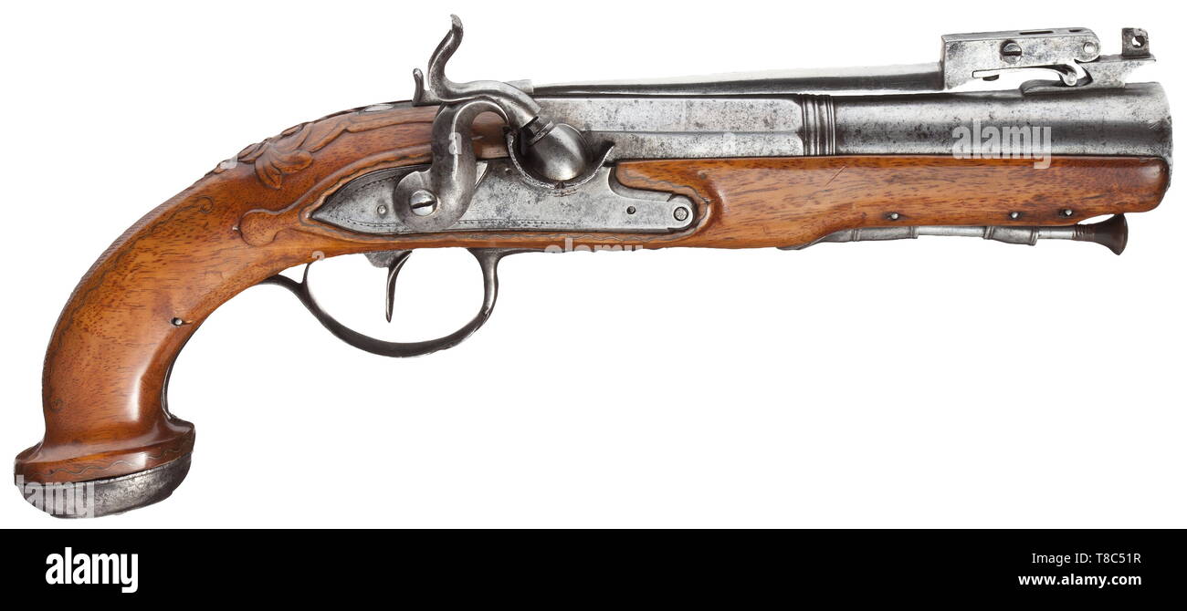 An English(?) blunderbuss pistol with spring-loaded bayonet, circa 1800 Two-stage smooth-bore barrel, octagonal then round after a girdle, with oval muzzle, a spring-loaded bayonet on top. Converted spring-loaded bayonet. Carved full stock with sparse brass inlays. Chiselled and engraved iron furniture. The ramrod is an inexpert replacement. The iron parts are stained. Length 30.5 cm. historic, historical, civil handgun, civil handguns, handheld, gun, guns, firearm, fire arm, firearms, fire arms, weapons, arms, weapon, arm, 19th century, Additional-Rights-Clearance-Info-Not-Available Stock Photo