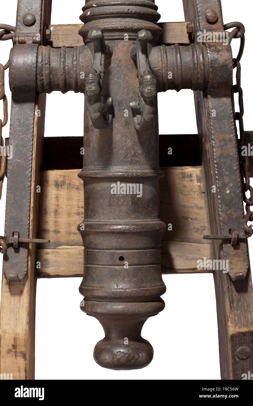 A field gun in the style of the 17th century, 2nd half of the 20th century Cast-iron, tapered barrel offset by girdles in 6.6 cm calibre with trunnions on the sides. Vent hole on top and superimposed handles. On an oak wood gun carriage with iron bands. Length of the barrel 114 cm, total length 200 cm. historic, historical, cannon, cannons, artillery, firearm, fire arm, firearms, fire arms, weapons, arms, weapon, arm, fighting device, military, militaria, object, objects, stills, clipping, clippings, cut out, cut-out, cut-outs, Additional-Rights-Clearance-Info-Not-Available Stock Photo