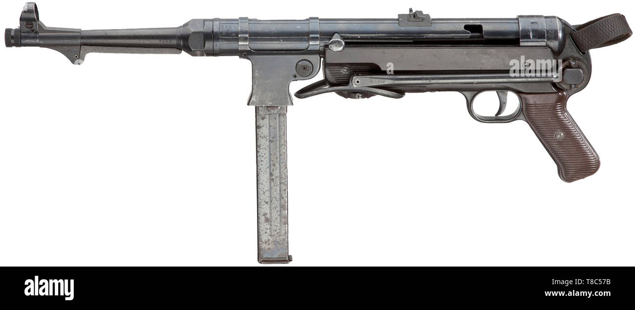 SERVICE WEAPONS, GERMANY UNTIL 1945, submachine gun model 40 (MP 40), Code ayf 41, DEKO calibre 9 mm Para, number 2237 d, manufactured 1941 by Erma, Erfurt, Editorial-Use-Only Stock Photo