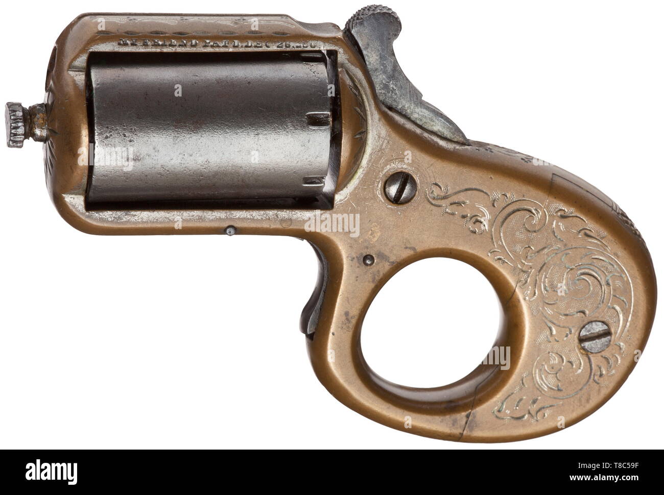 A James Reid pocket revolver 'My Friend' No. 12824. Seven shots, iron cylinder in cal. .22RF, brass frame with floral engravings and remnants of silver plating. Frame bridge on the left with patent data. Thread of base pin somewhat worn. Age and usage marks. Length 10.5 cm. Erwerbsscheinpflichtig. historic, historical, civil handgun, civil handguns, handheld, gun, guns, firearm, fire arm, firearms, fire arms, weapons, arms, weapon, arm, 19th century, Additional-Rights-Clearance-Info-Not-Available Stock Photo