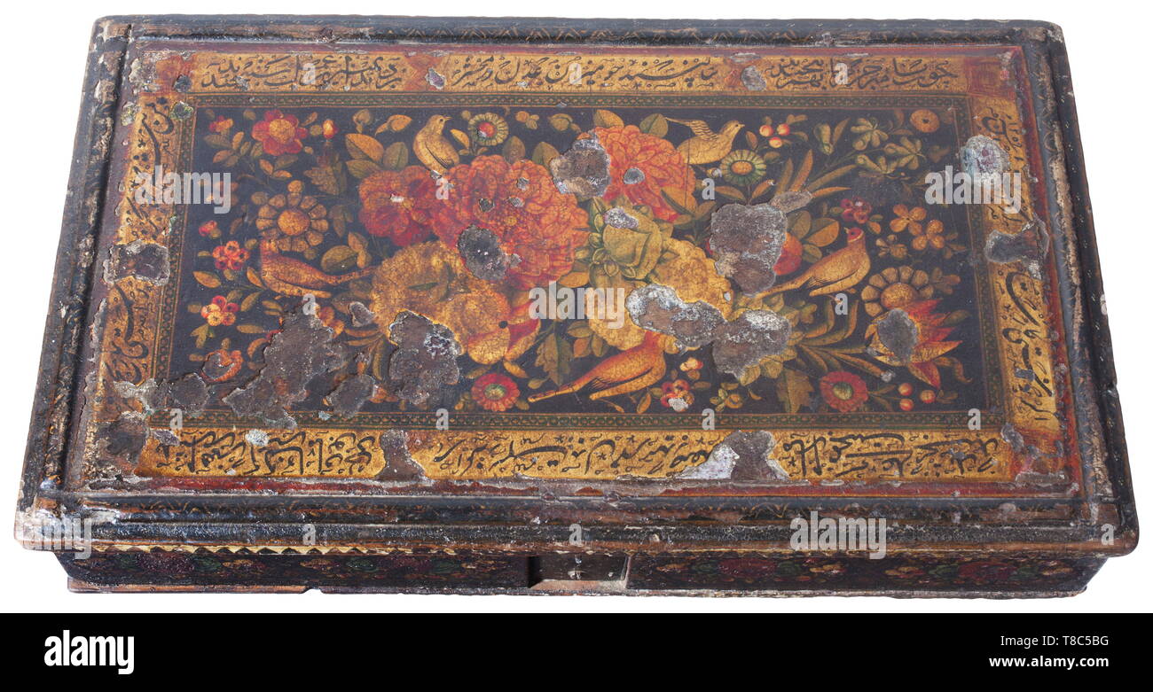 A Persian pair of scales for coins, Qajar period, dated 1840 Rectangular wooden casket, the sides painted with flower cartouches. The lid with a flower motif in the middle with continuous scroll, dated '1256' (=1840). On the inside floral paintings against a red background. Enclosed two iron scales for coins of different sizes, with brass scale pans, nine (of ten) iron weights that are engraved on top, as well as a number of chickpeas as taring weights in a fold-out compartment. One weight replaced and made of brass, the lacquer painting on the l, Additional-Rights-Clearance-Info-Not-Available Stock Photo