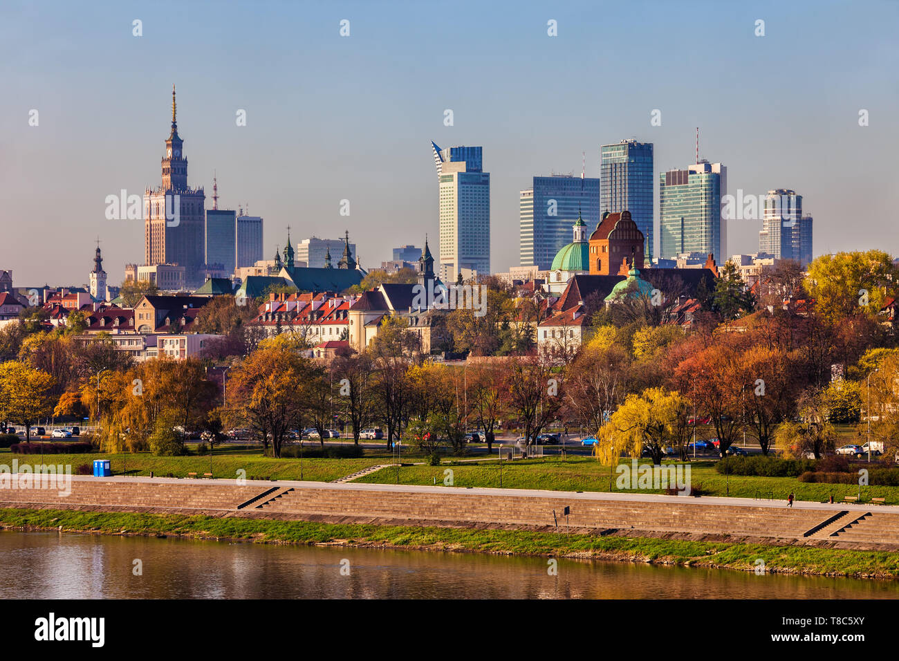 Capital city of Warsaw in Poland, skyline of downtown, Old Town and New Town in spring Stock Photo