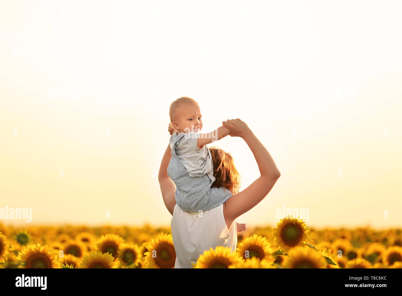 Beautiful woman with her little son in sunflower field on sunny day ...