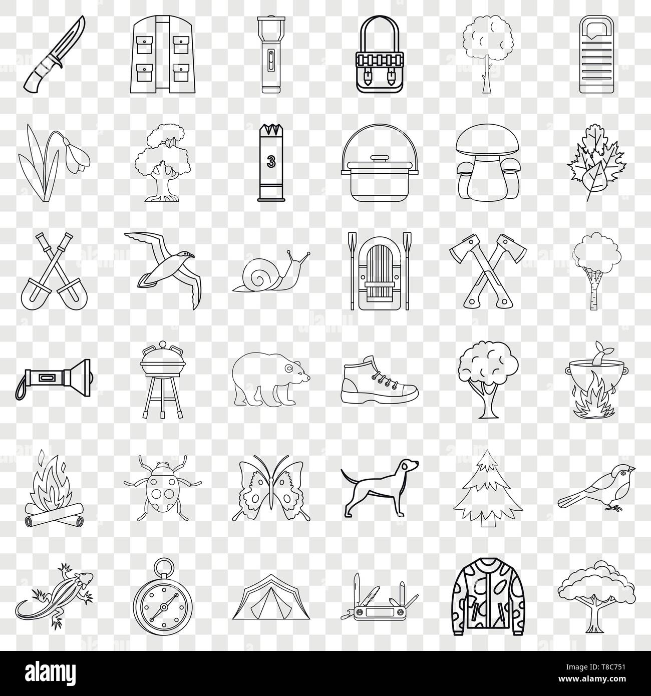 Hiking icons set, outline style Stock Vector