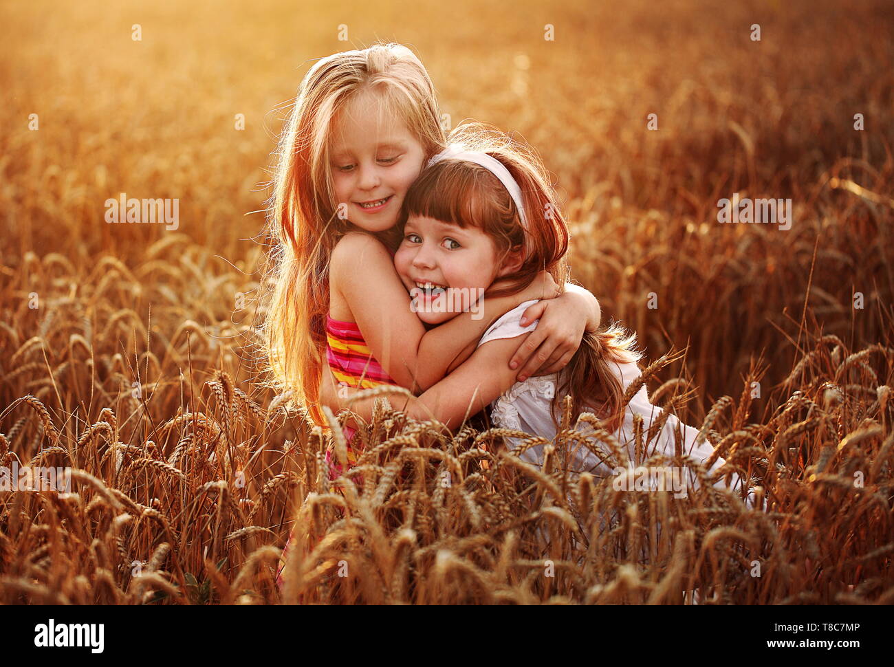 Two young children playing in a wheat field Stock Photo - Alamy