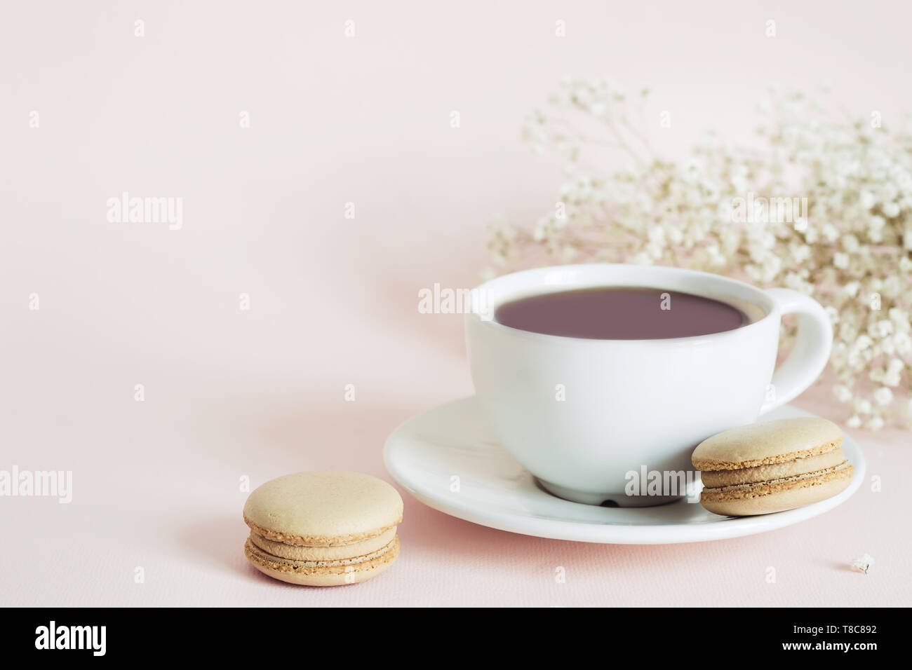 Coffee cup, macaroon and gypsophila flowers on pink background. Stock Photo