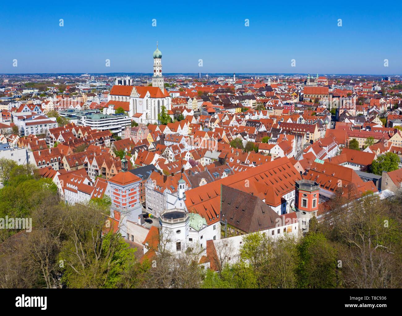 Water towers at the Red Gate and Basilica St. Ulrich and Afra, downtown, Augsburg, drone shot, Swabia, Bavaria, Germany Stock Photo