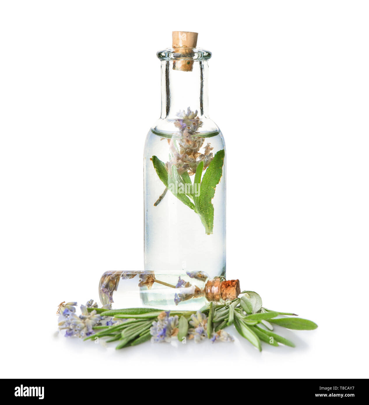 Bottles of essential oil with lavender and rosemary on white background ...