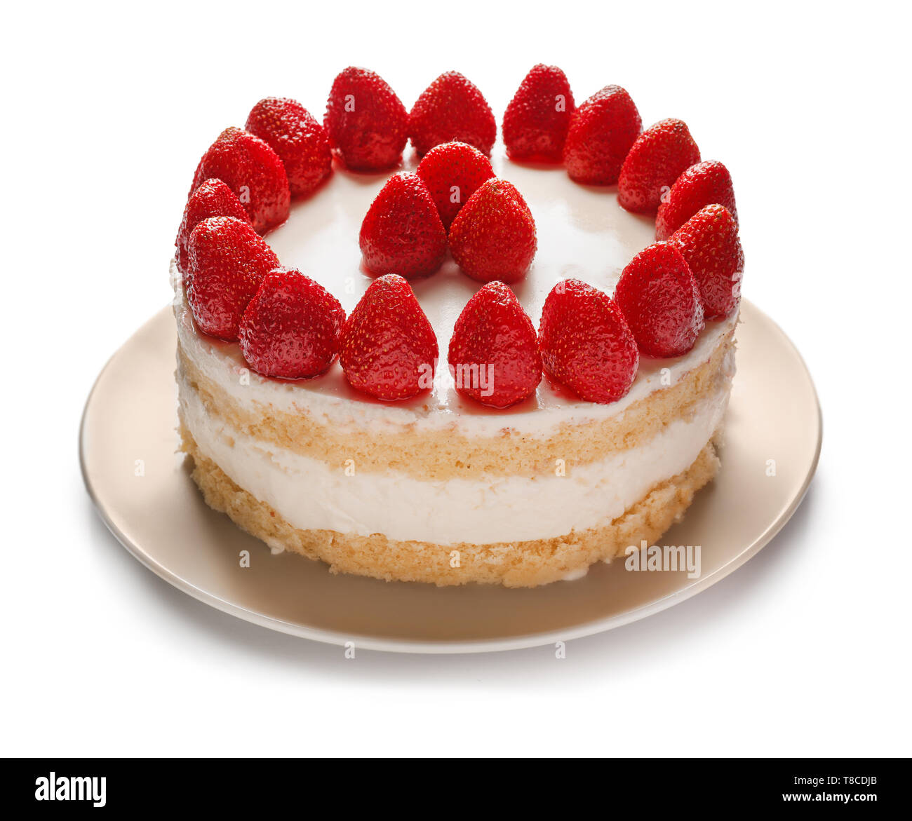 Delicious cake with strawberries on white background Stock Photo - Alamy