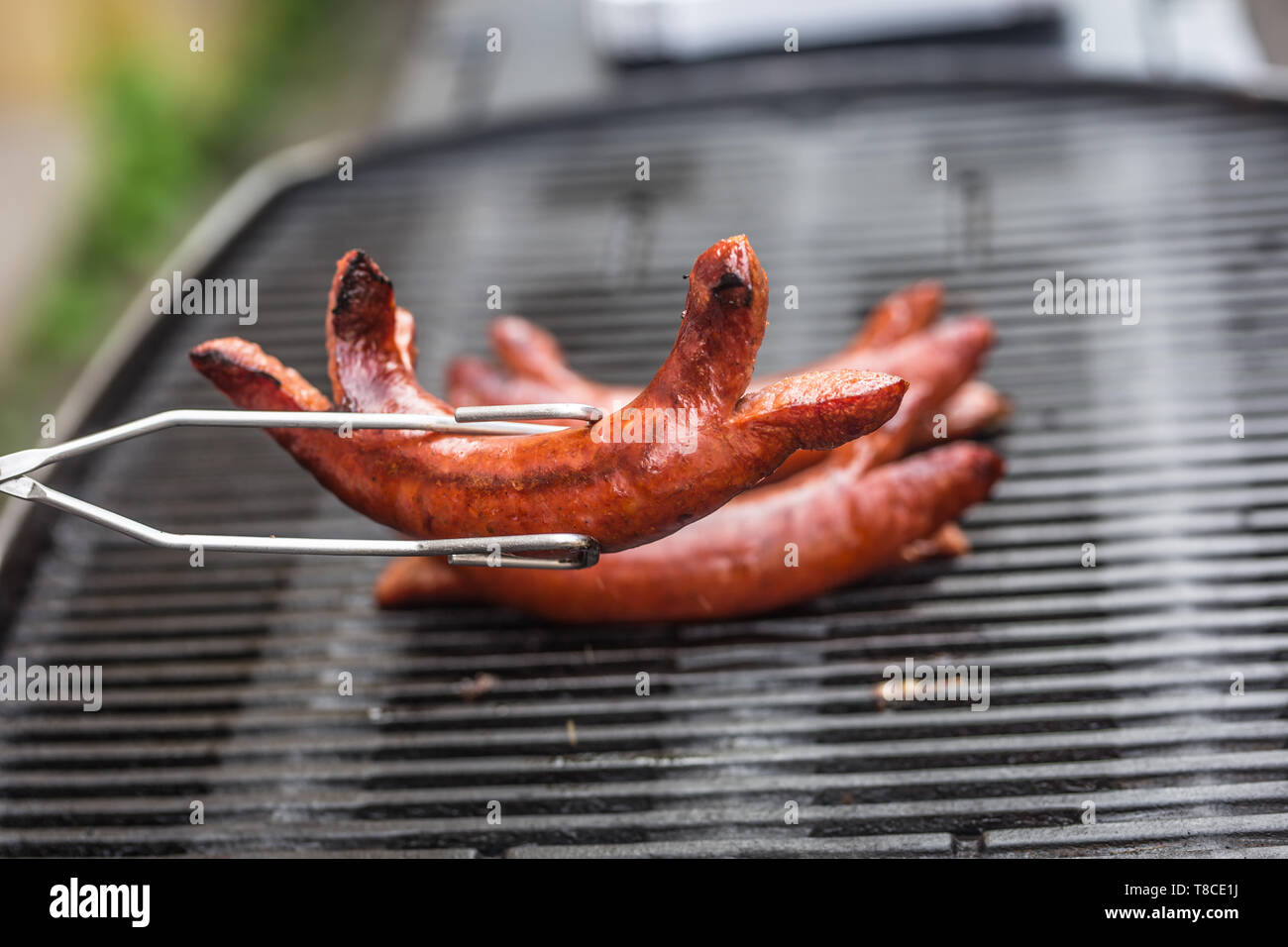 Delicious smoked sausages on the barbecue garden grill Stock Photo