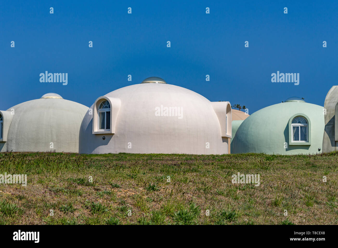 Dome houses, Kaga, Ishikawa Prefecture, Japan. Dome houses are assembled from prefabricated components. Stock Photo